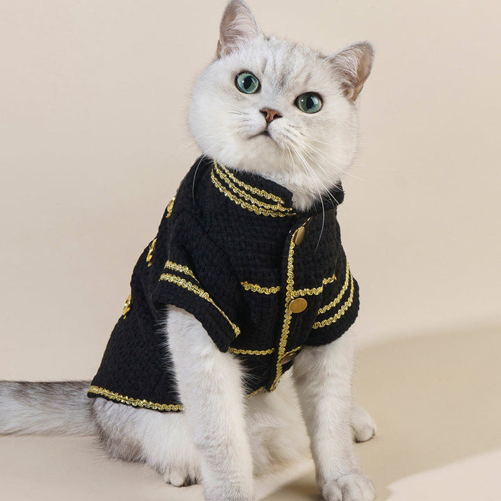 Trendy Pet Jacket for Dogs - Luxury Black Tweed Military Coat
