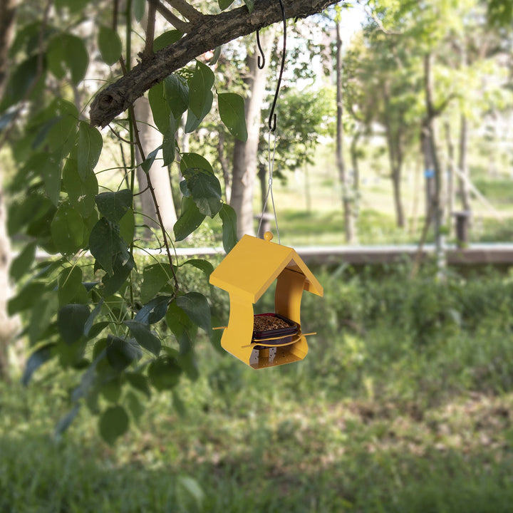 Outdoor Hanging Bird Feeder - Metal House with Seed Tray Perch