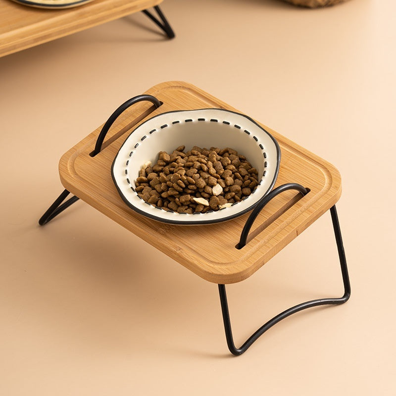 Pet Wooden Rack Multi-functional Ceramic Cat Bowl