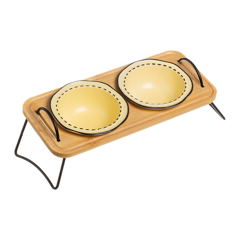 Pet Wooden Rack Multi-functional Ceramic Cat Bowl